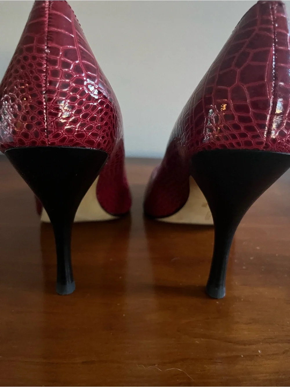 Anne Klein Red Croc-Embossed Peep-Toe Pumps